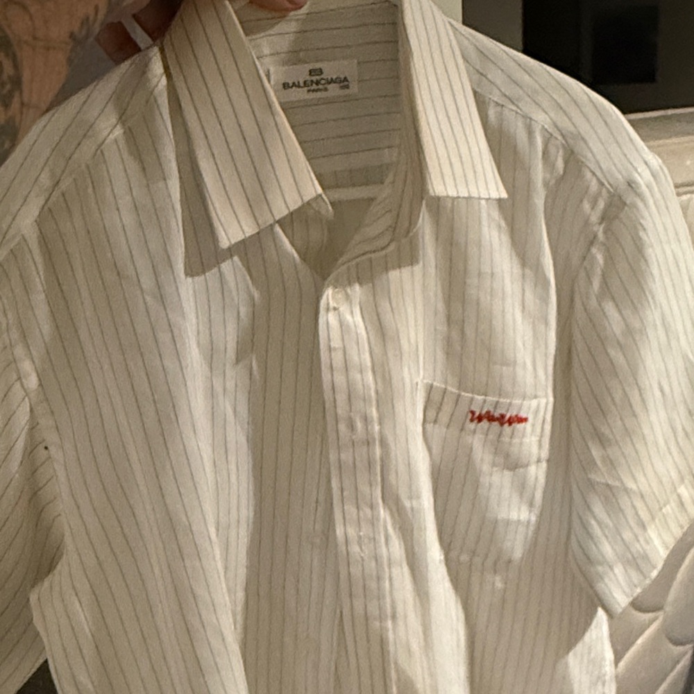 Balenciaga White Pinstripe Button-Down Shirt with Red Logo Stitch
